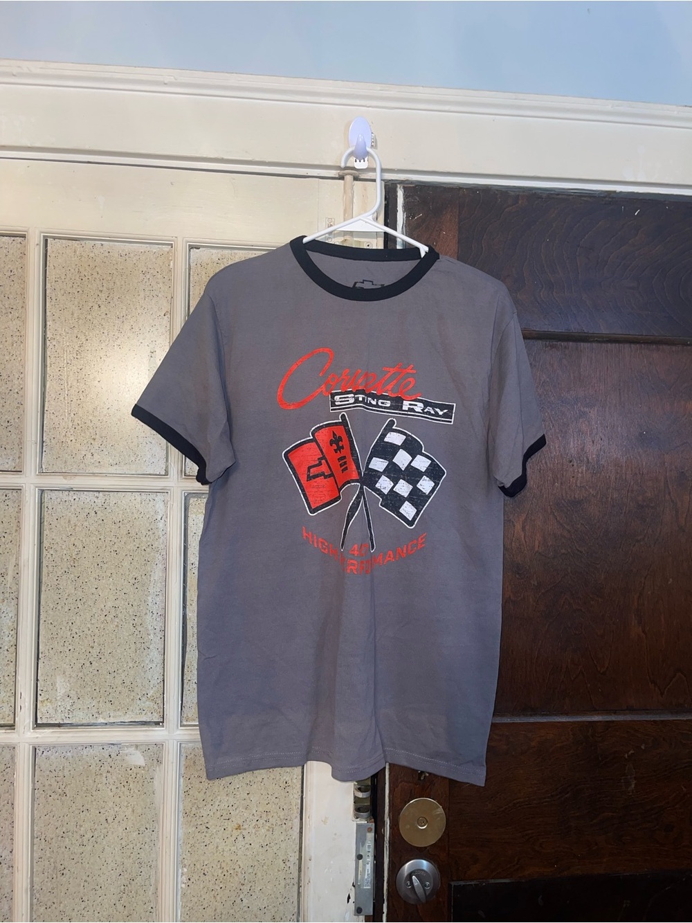 Corvette Chevrolet Sting Ray Grey Graphic Ringer T-Shirt - Sz Medium